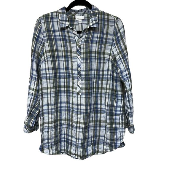 J. Jill Tops - J. Jill Plaid 100% Linen Popover Button Up Tunic Top  Mother of Pearl Size S